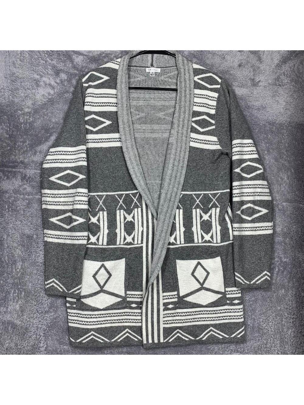Rebecca Elliot Women's Cardigan Sweater Small Gray White Aztec Tribal Open Front